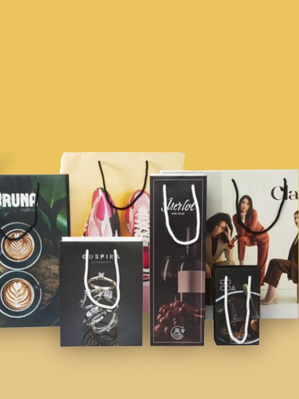 Vielfältige Sammlung von Papiertüten mit Branding, nachhaltige Verpackungslösungen für den Einzelhandel