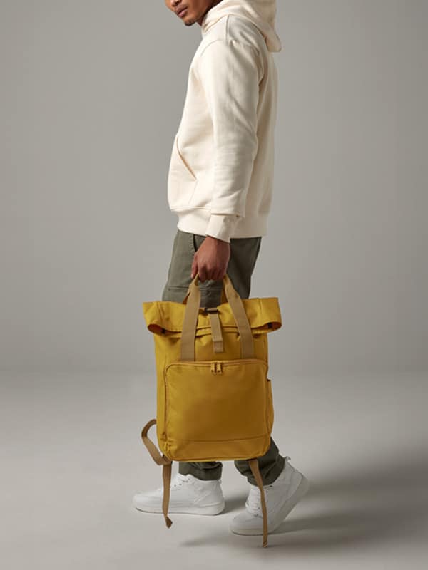 Gelber Rolltop Rucksack mit Griffen, personalisierte Merchandise Mitarbeitergeschenke